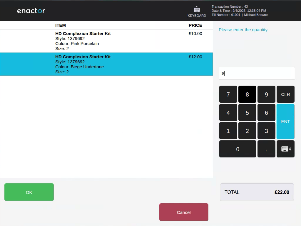 Quantity entry popup