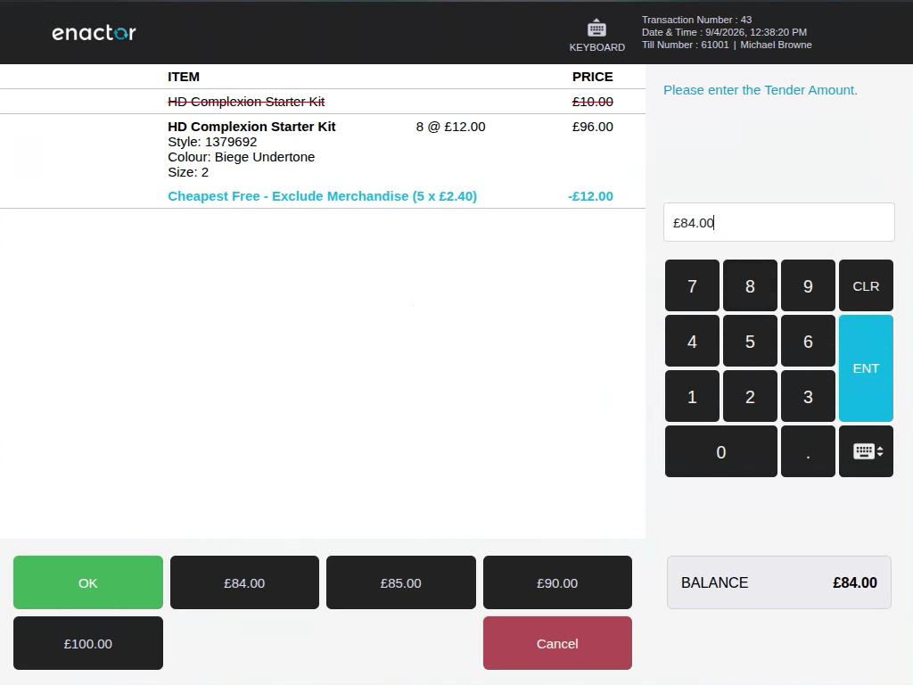Tender amount screen showing the recalculated balance