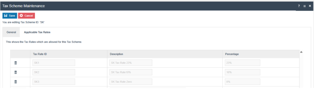 Tax Scheme Maintenance showing all three Slovakia tax rates added to the Applicable Tax Rates list