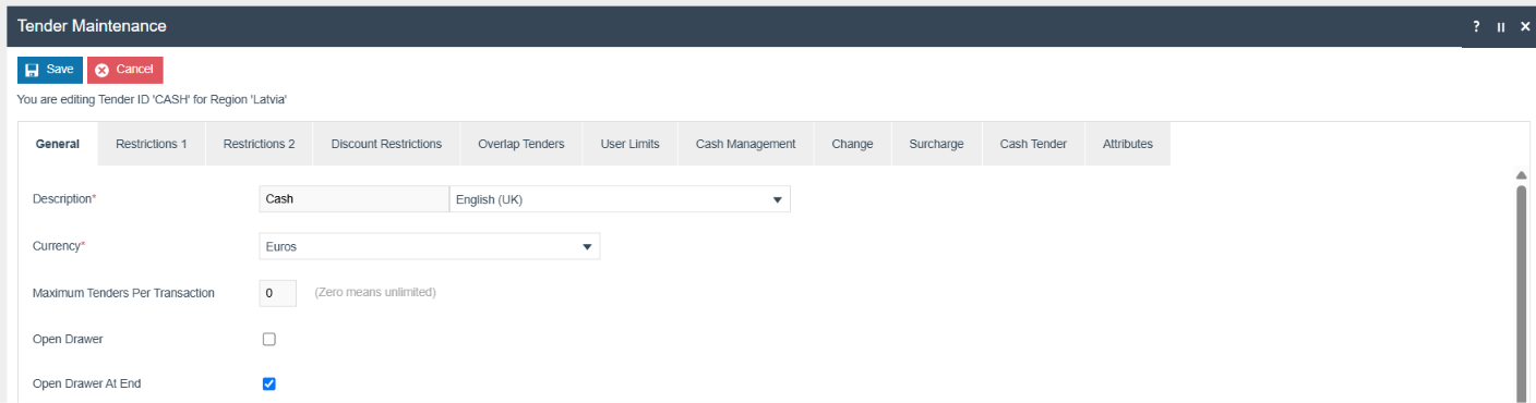 Tender Maintenance showing Open Drawer and Open Drawer At End options ticked