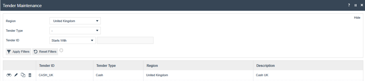 Tender Maintenance page showing configured tenders
