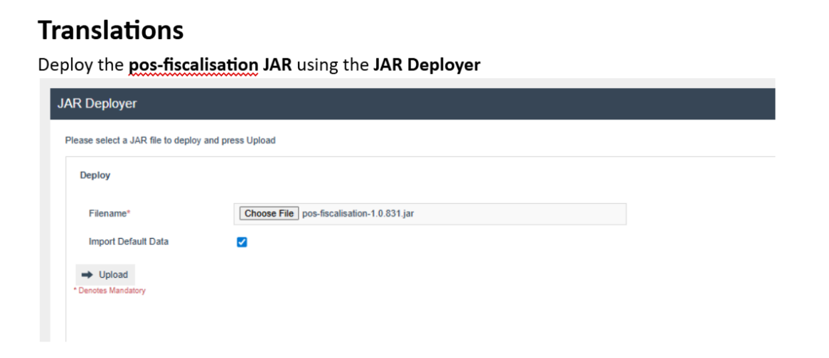 JAR Deployer showing the pos-fiscalisation JAR being deployed