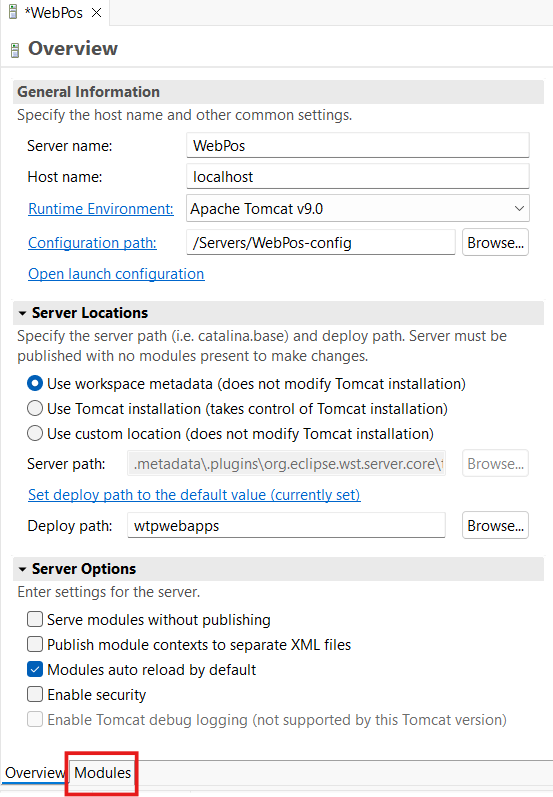 WebPos Select Modules Tab