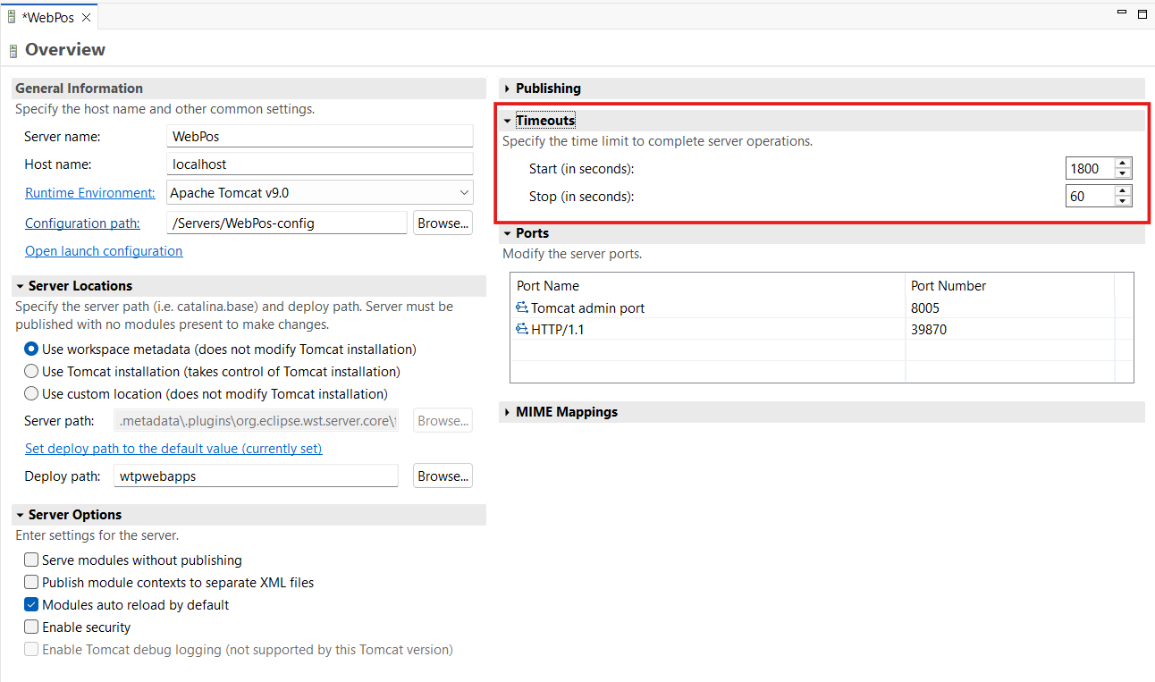 WebPos Server Settings Timout Values