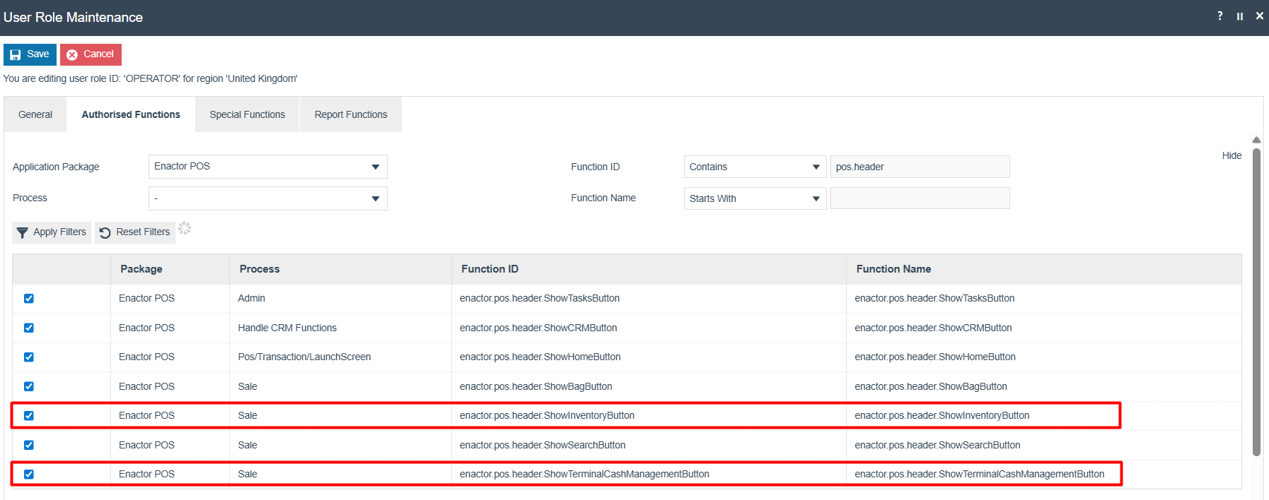 Authorised Functions Filter Settings