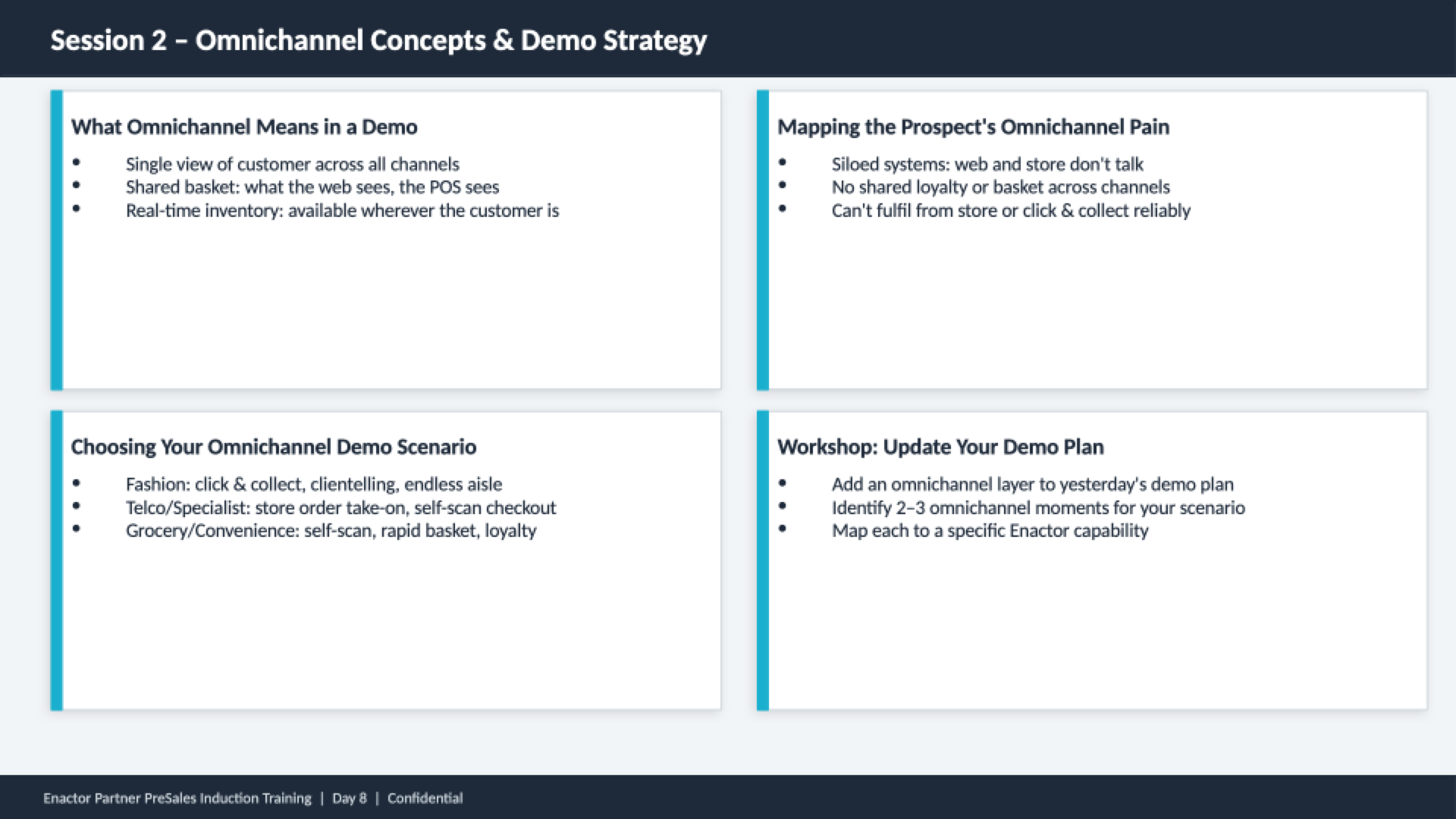 Session 2 content slide. Header bar: Session 2 - Omnichannel Concepts and Demo Strategy (dark background, white text). Four quadrant cards with teal left borders. Top left: What Omnichannel Means in a Demo -- Single view of customer across all channels. Shared basket -- what the web sees, the POS sees. Real-time inventory -- available wherever the customer is. Top right: Mapping the Prospect's Omnichannel Pain -- Siloed systems -- web and store don't talk. No shared loyalty or basket across channels. Can't fulfil from store or click and collect reliably. Bottom left: Choosing Your Omnichannel Demo Scenario -- Fashion -- click and collect, clientelling, endless aisle. Telco/Specialist -- store order take-on, self-scan checkout. Grocery/Convenience -- self-scan, rapid basket, loyalty. Bottom right: Workshop -- Update Your Demo Plan -- Add an omnichannel layer to yesterday's demo plan. Identify 2-3 omnichannel moments for your scenario. Map each to a specific Enactor capability. Footer: Enactor Partner PreSales Induction Training | Day 8 | Confidential.