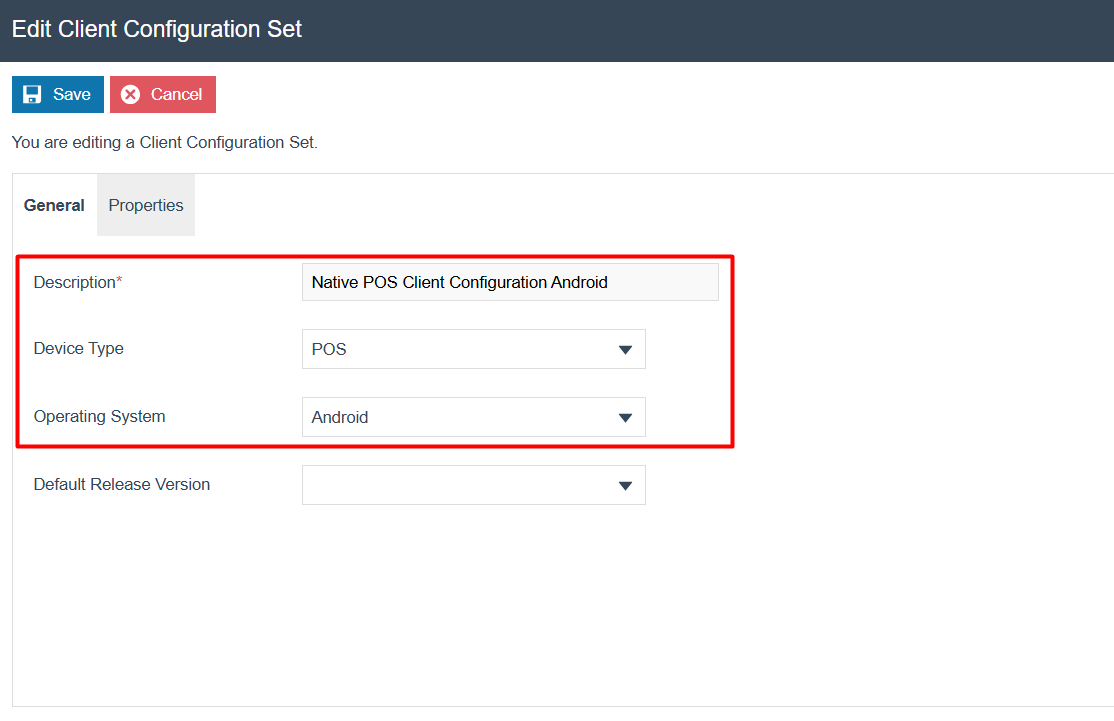 General tab settings for Device Type and OS