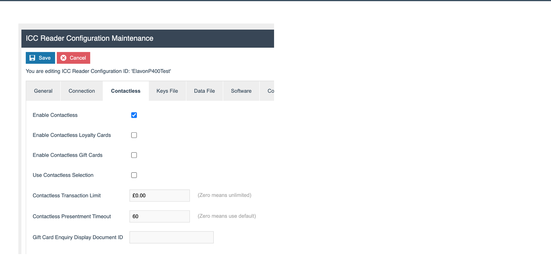 ICC Reader Config Contactless screen