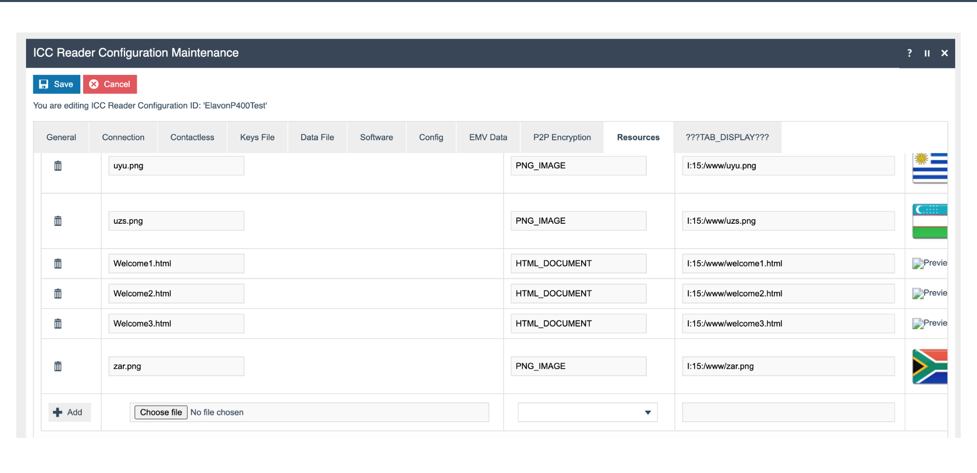 ICC Reader Config Resources screen