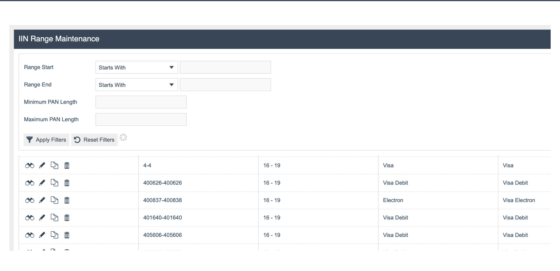 IIN Range Maintenance screen