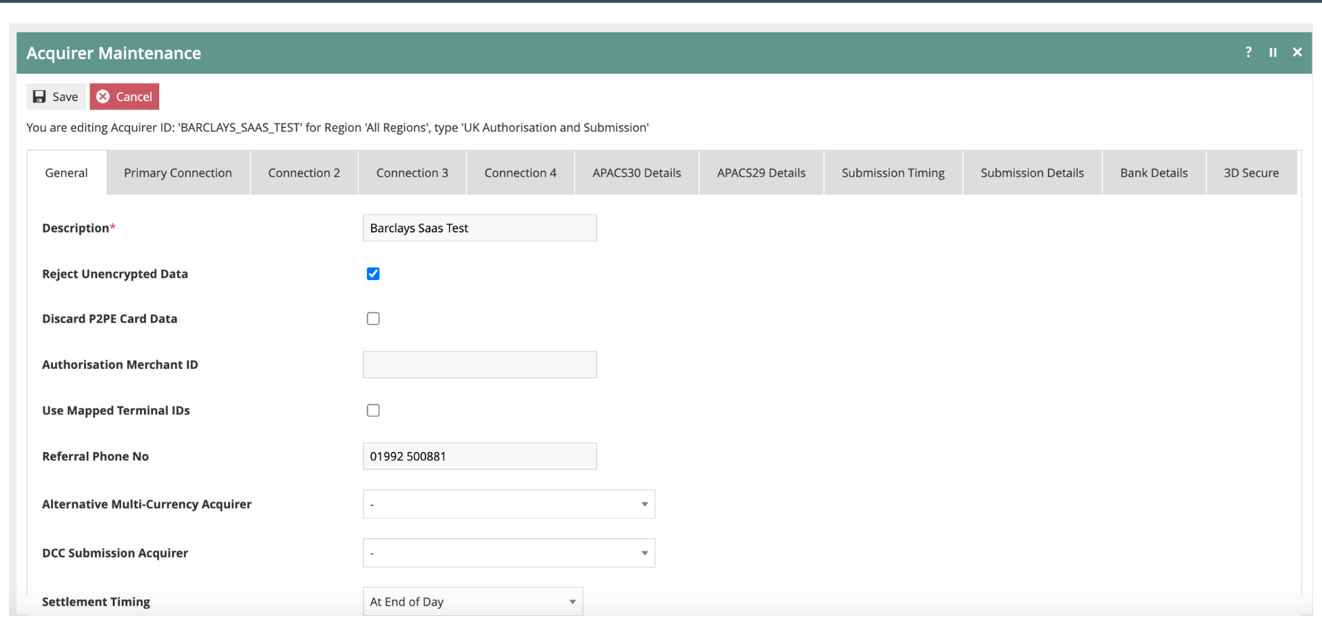 Acquirer Maintenance General screen