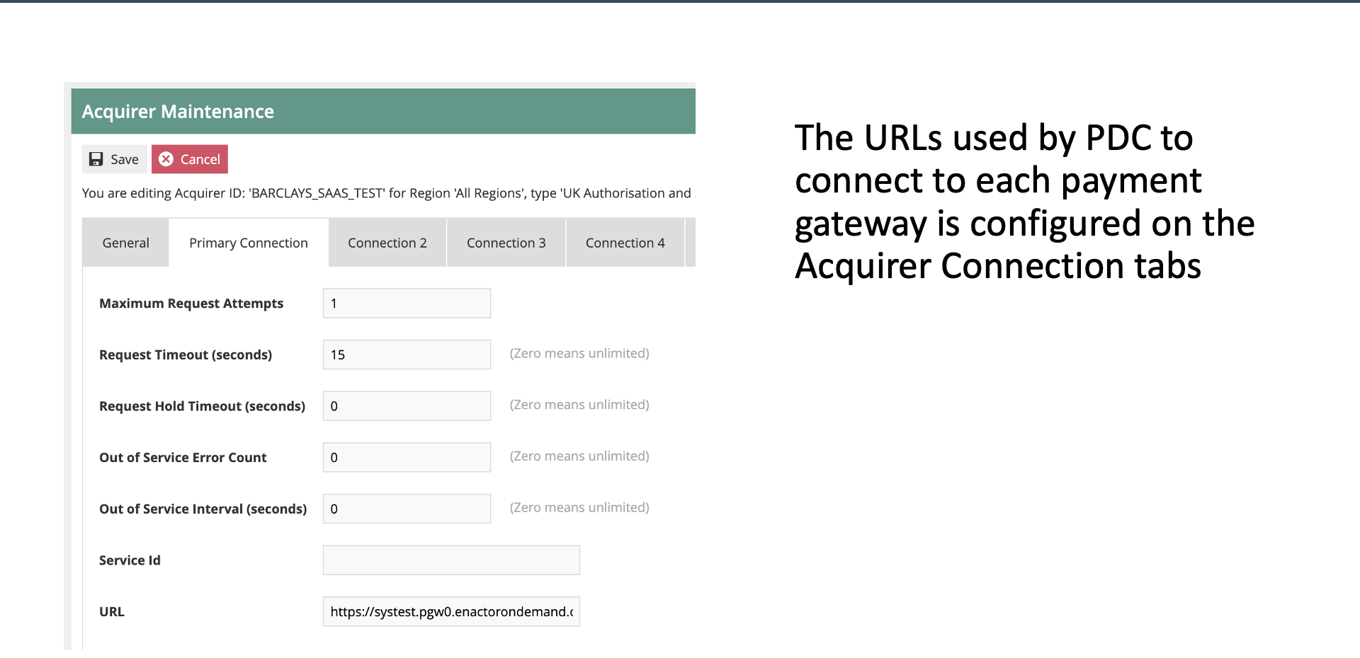 Acquirer Primary Connection screen