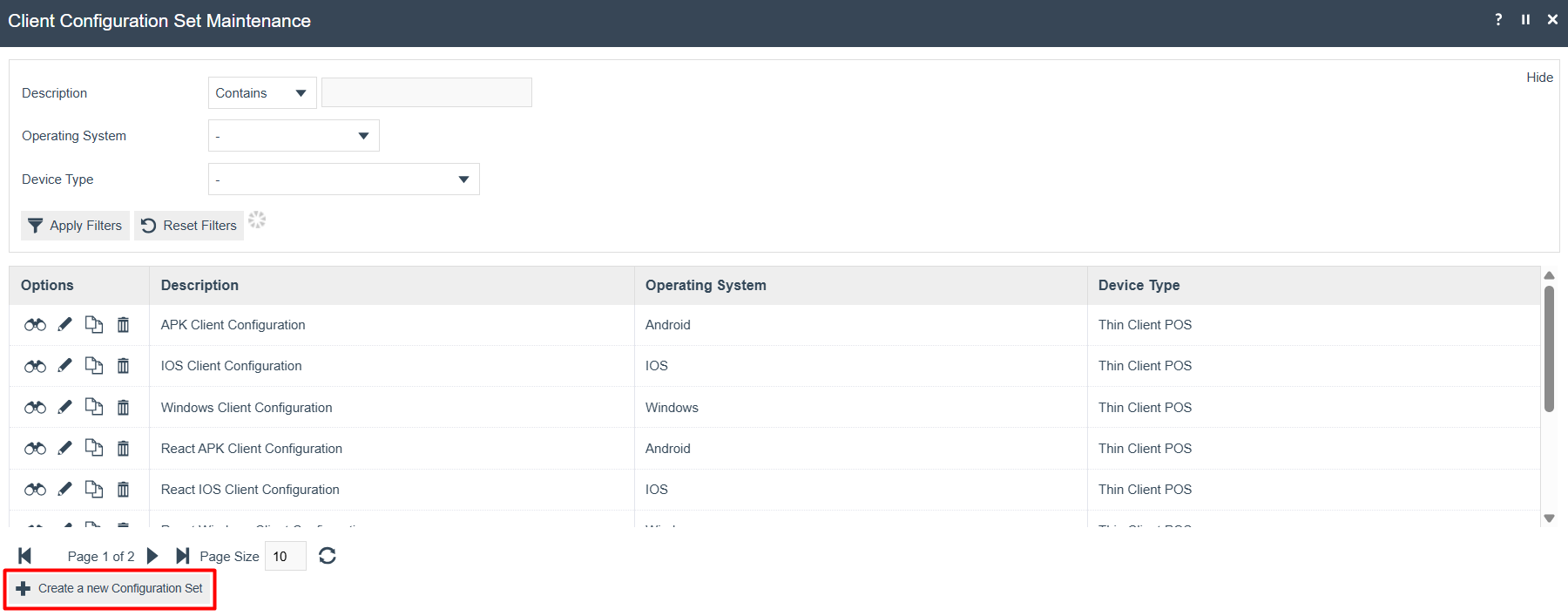 Button to create a new Client Configuration Set record