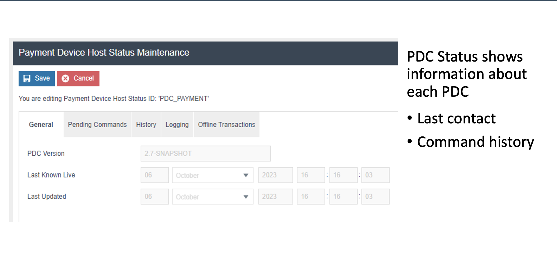 Payment Device Host Status screen