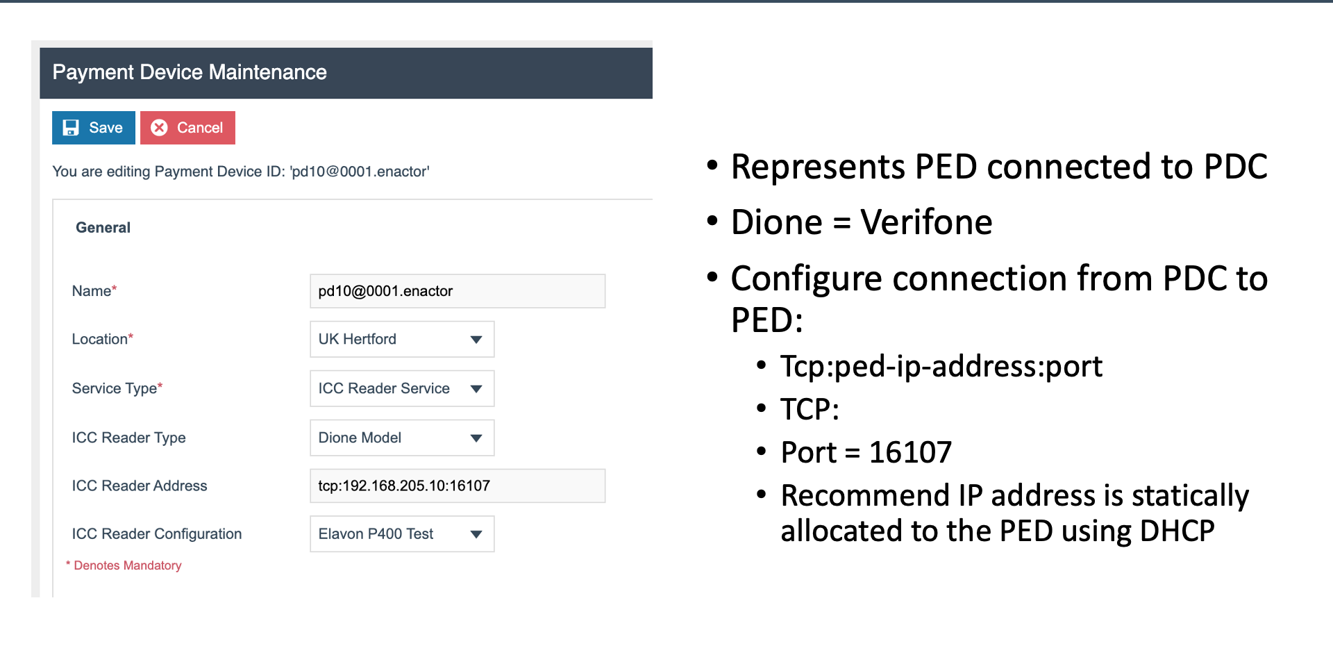 Payment Device Maintenance screen