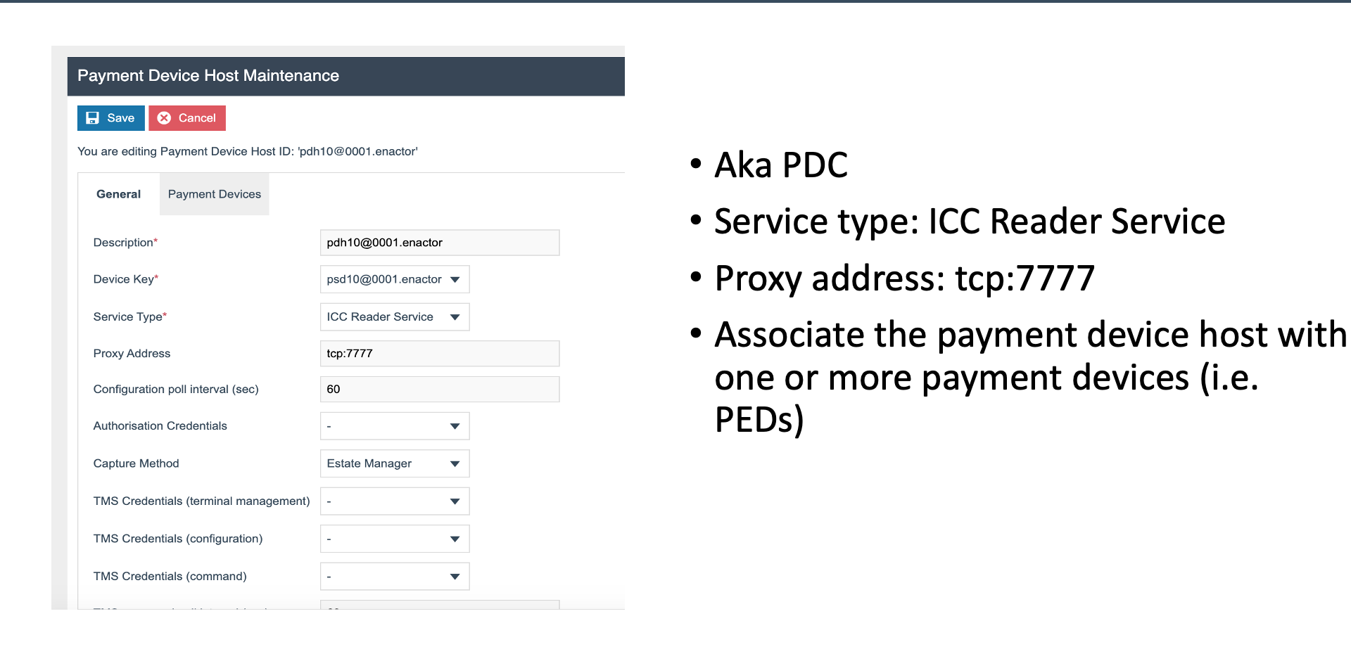 Payment Device Host Maintenance screen