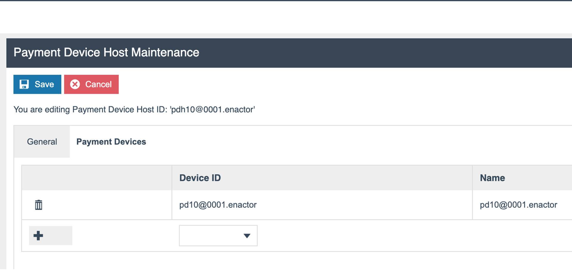 Payment Device Host - Payment Devices tab