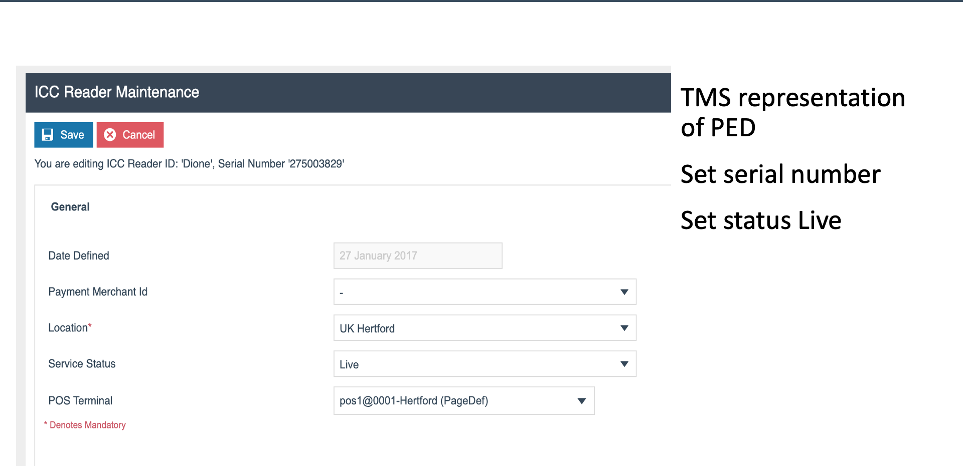 ICC Reader Maintenance screen
