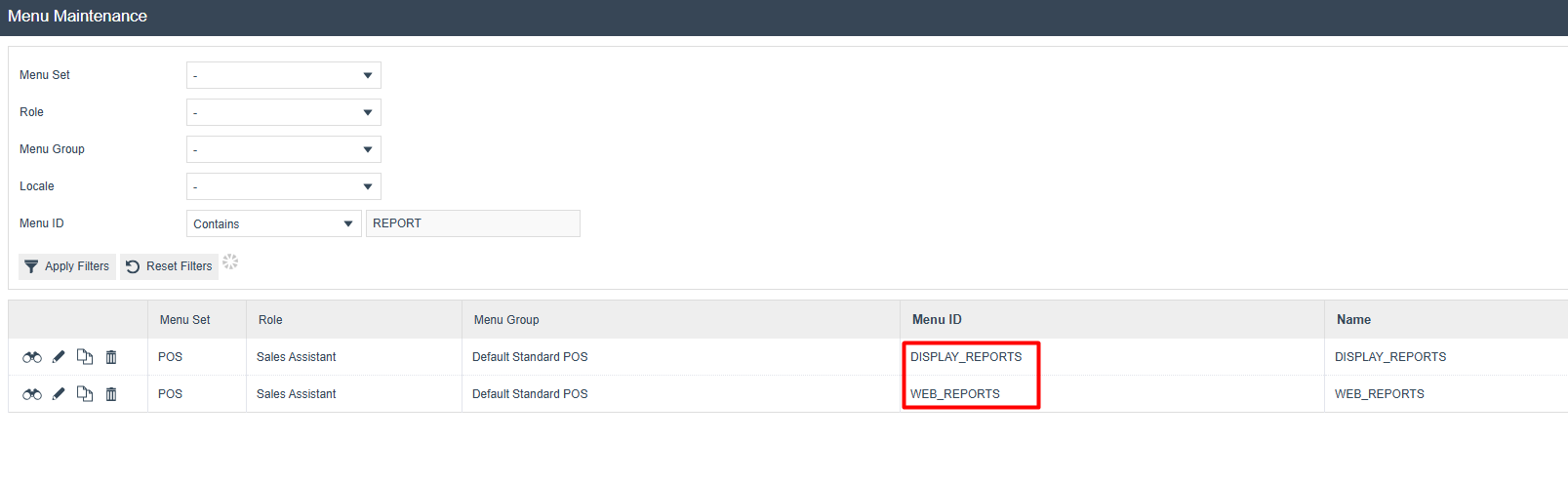 Display Reports Menu Configuration