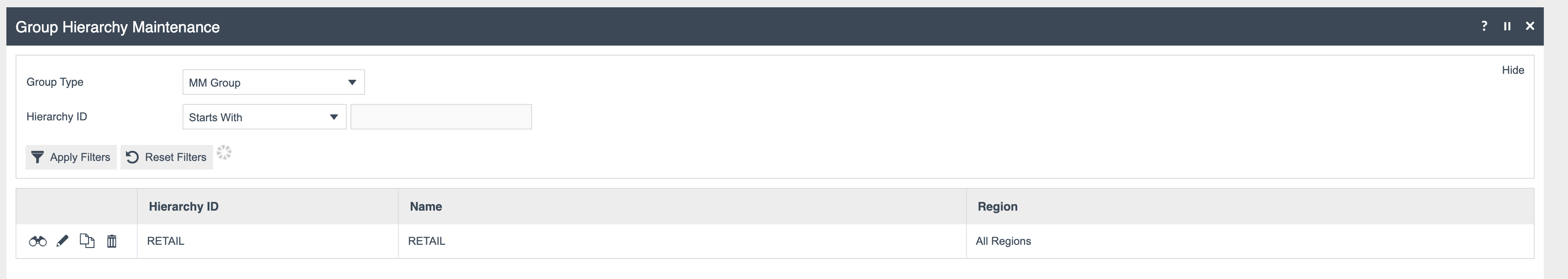 Group Hierarchy Maintenance with Group Type set to MM Group. Result list shows a single Hierarchy ID 'RETAIL' with Name 'RETAIL' and Region 'All Regions'.