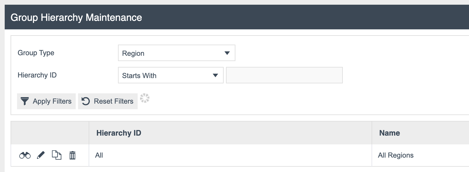 Group Hierarchy Maintenance screen with Group Type set to Region. The result list shows a single Hierarchy ID 'All' with Name 'All Regions'.