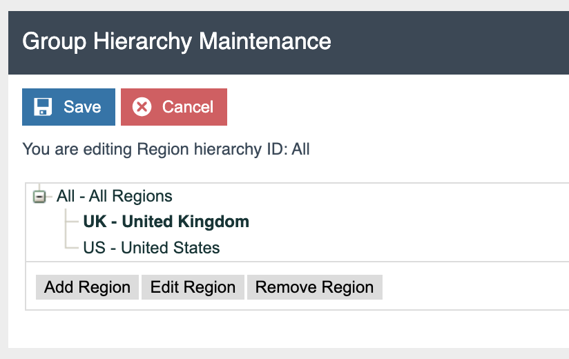 Group Hierarchy Maintenance editing Region hierarchy ID: All. Tree shows All - All Regions expanded with UK - United Kingdom selected (bold) and US - United States. Action buttons below the tree: Add Region, Edit Region, Remove Region.