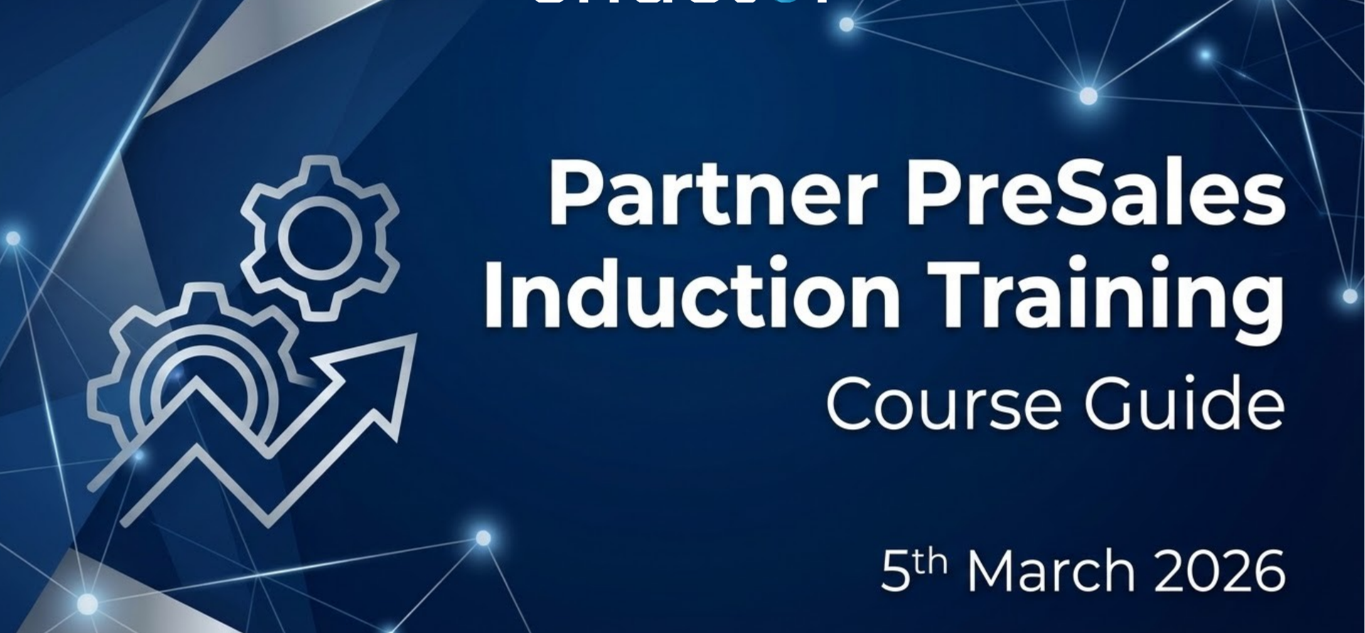 Course Guide cover slide. Dark blue gradient background with geometric network/mesh wireframe pattern. Left side: gear and upward arrow icon in outline style. Enactor logo centred at top in white. Large bold white text centred: Partner PreSales Induction Training. Below in lighter weight: Course Guide. Bottom right: 5th March 2026 (with superscript "th").