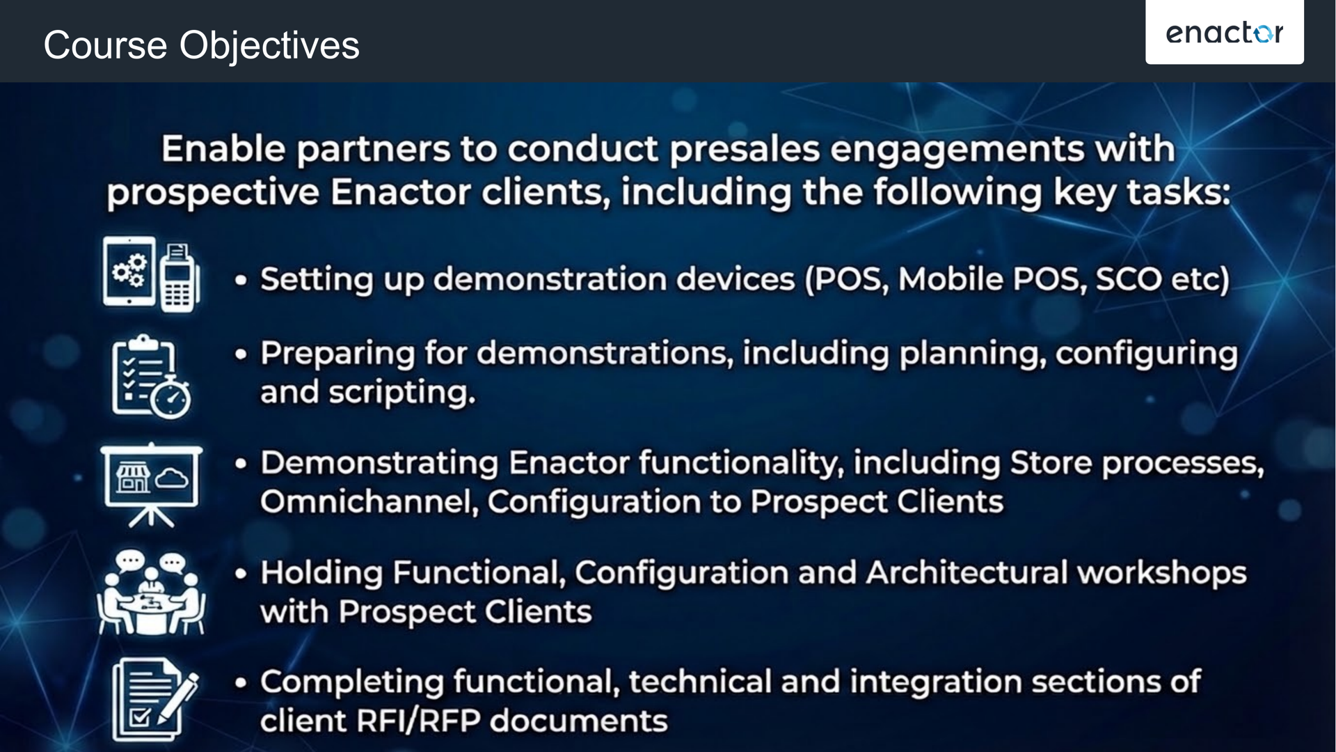 Course Objectives styled slide. Header bar: Course Objectives (dark background, white text). Enactor logo top right. Dark blue background with geometric mesh wireframe pattern. Centred text reads: Enable partners to conduct presales engagements with prospective Enactor clients, including the following key tasks: Five items each with a distinct icon on the left: (presentation screen icon) Setting up demonstration devices (POS, Mobile POS, SCO etc). (clipboard with checkmarks icon) Preparing for demonstrations, including planning, configuring and scripting. (three people at table icon) Demonstrating Enactor functionality, including Store processes, Omnichannel, Configuration to Prospect Clients. (person at whiteboard icon) Holding Functional, Configuration and Architectural workshops with Prospect Clients. (document with magnifying glass icon) Completing functional, technical and integration sections of client RFI/RFP documents.