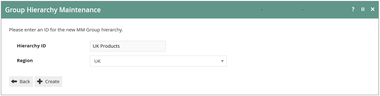 Group Hierarchy Maintenance screen showing the Create New MM Group Hierarchy page with Hierarchy ID and Region fields