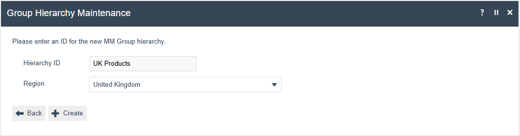 Group Hierarchy Maintenance screen showing the Create New MM Group Hierarchy page with Hierarchy ID and Region fields