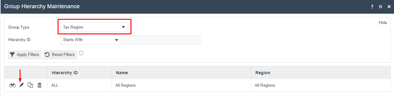 screenshot: Group Hierarchy Maintenance with Tax Region type selected