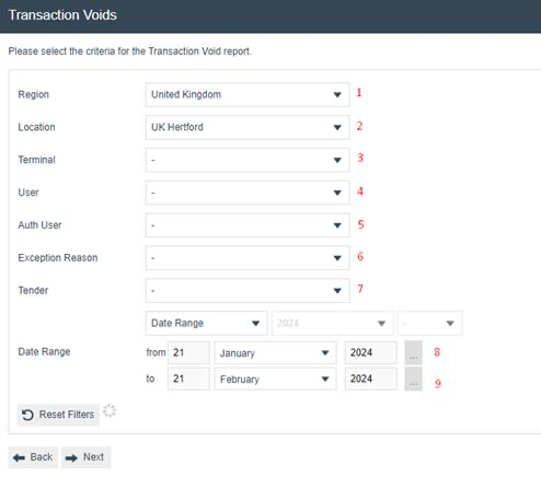 Transaction Voids filter criteria screen showing Region set to United Kingdom, Location set to UK Hertford, Terminal dropdown, User dropdown, Auth User dropdown, Exception Reason dropdown, Tender dropdown, Date Range fields with from 21 January 2024 to 21 February 2024, Reset Filters button, Back and Next buttons