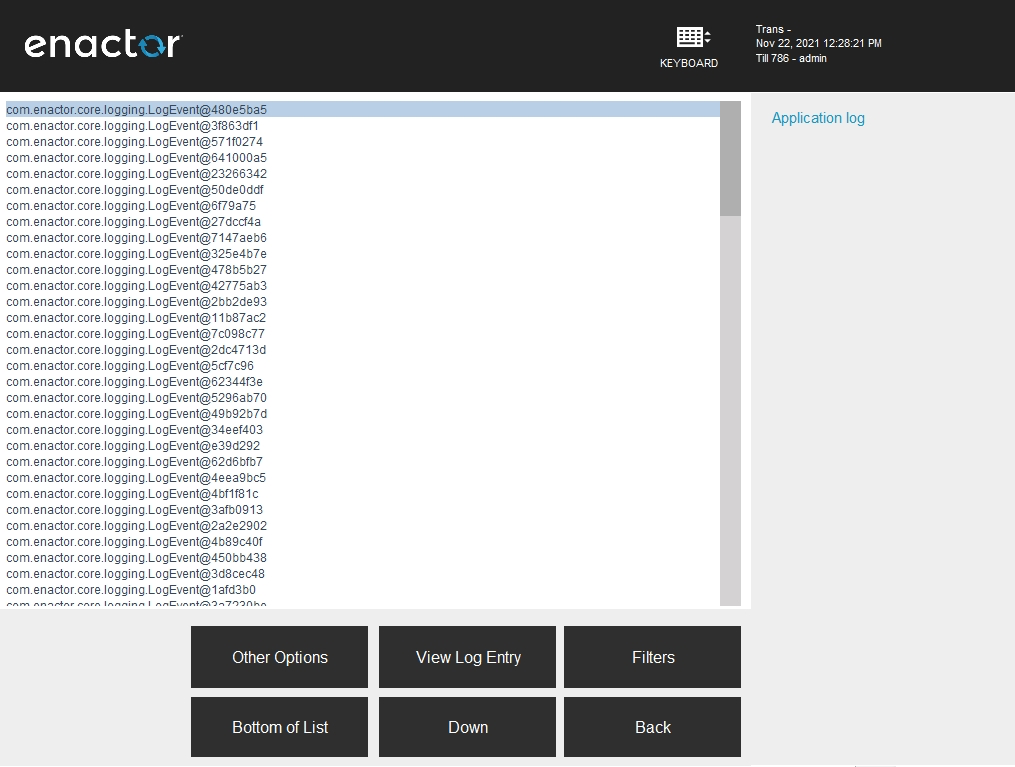 Enactor POS Application Log screen showing a list of system log entries