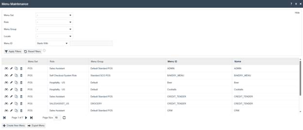 Menu Maintenance select page listing configured menus including CREDIT_TENDER and CRM for POS Sales Assistant. Filter fields are shown at the top.