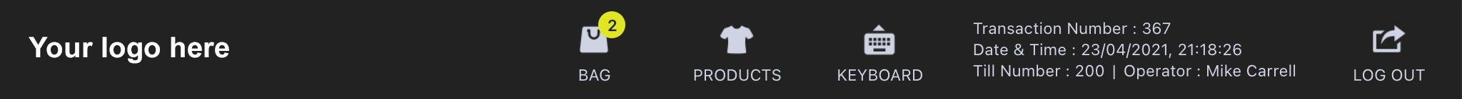 React POS main screen showing the branded header logo