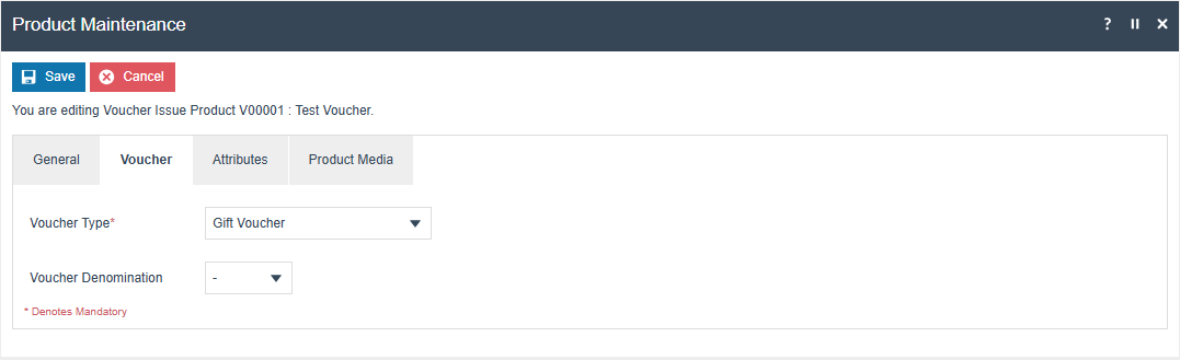 Product Maintenance Voucher tab showing the Voucher Type dropdown for selecting which voucher type to issue when this product is sold