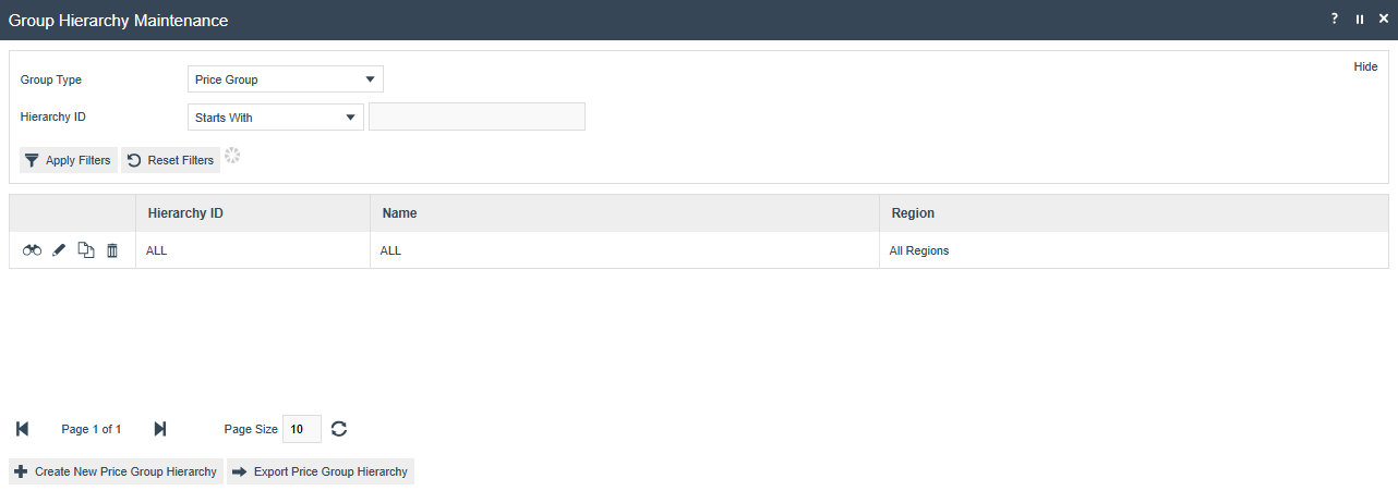 Group Hierarchy Maintenance list for Price Group type showing one entry with Hierarchy ID ALL, Name ALL, Region All Regions.