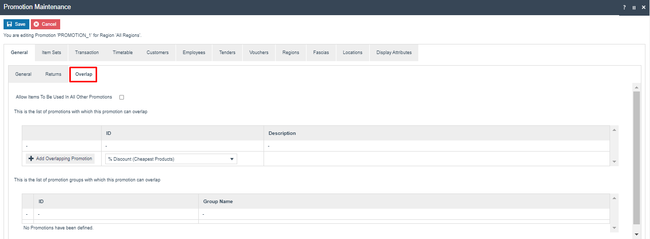 Promotion Maintenance on the General - Overlap tab. Allow Items To Be Used In All Other Promotions is unchecked. The overlapping promotions list is empty with Add Overlapping Promotion button.
