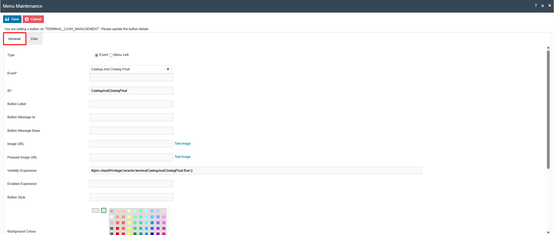 Menu Maintenance button editor for the Cash Up and Closing Float event on TERMINAL_CASH_MANAGEMENT. Event is set to 'Cashup And Closing Float', Image URL is 'NextGen1024x768/Admin/cashupandclosingfloat.png'.