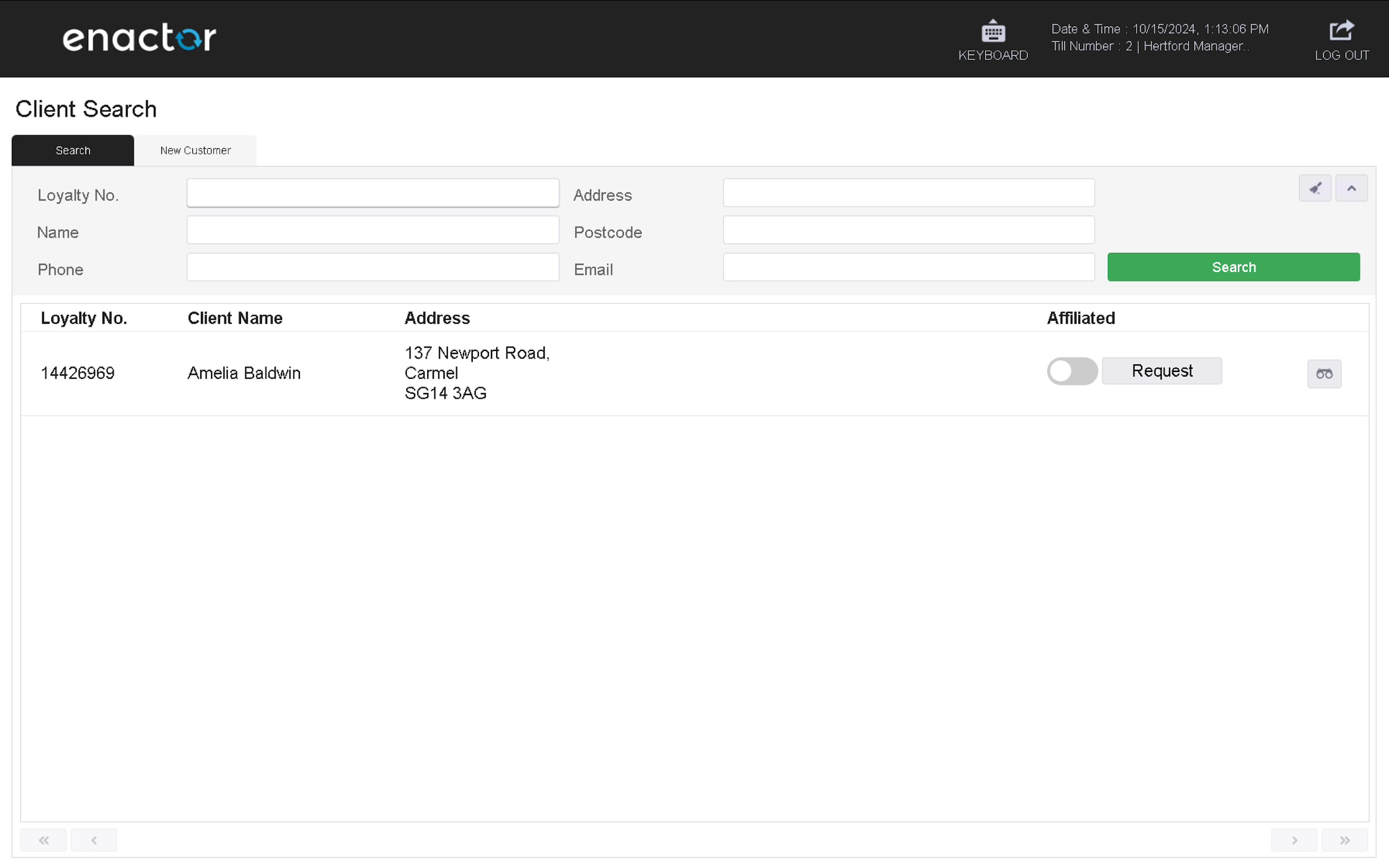 CRM Customer Search page on the POS with search criteria fields for finding customer records.