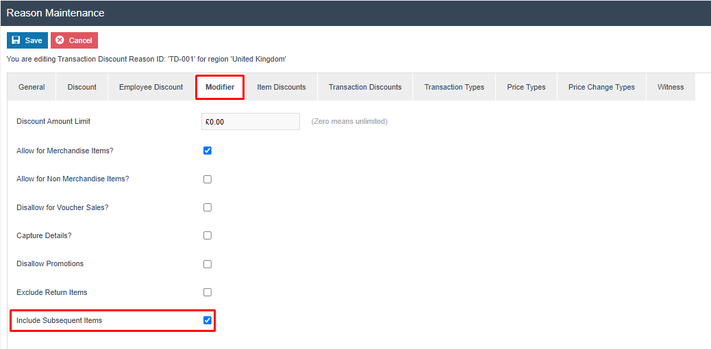 Reason Maintenance Modifier tab for Transaction Discount TD-001. Include Subsequent Items checkbox is checked and highlighted.