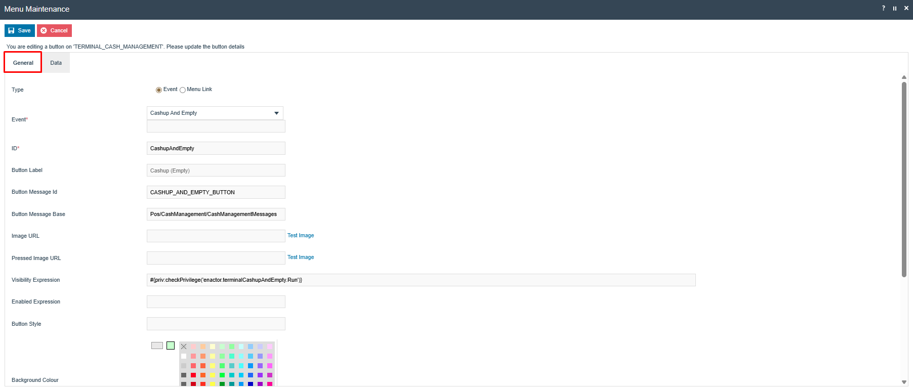 Menu Maintenance button editor for the Cash Up and Empty event on TERMINAL_CASH_MANAGEMENT. Event is set to 'Cashup And Empty', Image URL is 'NextGen1024x768/Admin/cashupandempty.png'.