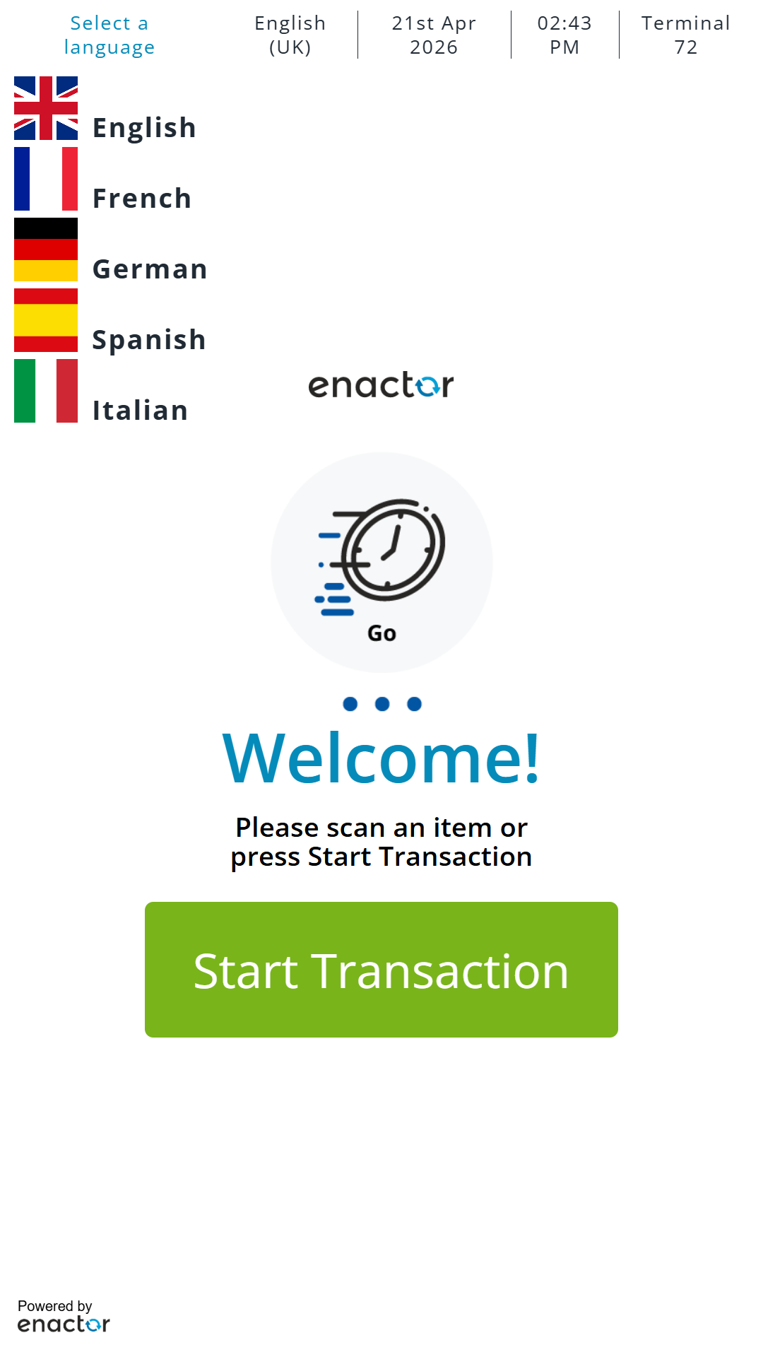 SCO POS welcome screen showing language selection panel on the left with five flag buttons for English, French, German, Spanish, and Italian, and the main welcome screen with Start Transaction button