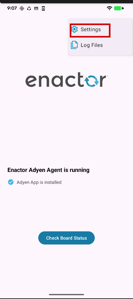 Adyen Agent app dropdown menu with Settings option highlighted.