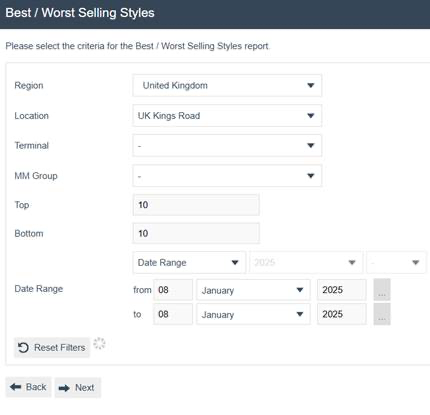 Best / Worst Selling Styles by Units filter screen with Region, Location, Terminal, and MM Group dropdowns, Top and Bottom set to 10, and Date Range fields.