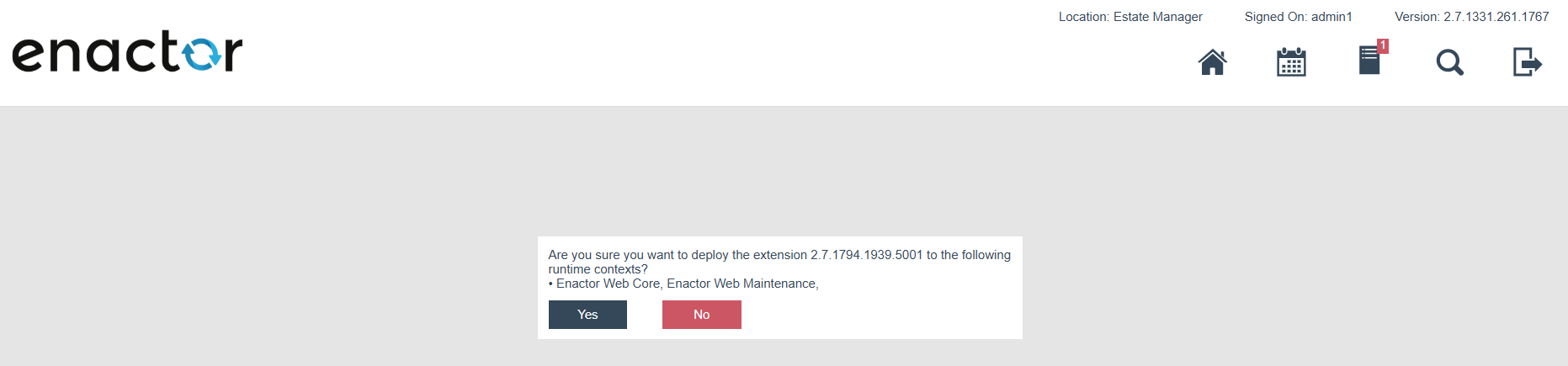 Deploy confirmation dialog listing the applicable runtime contexts, with Yes and No buttons