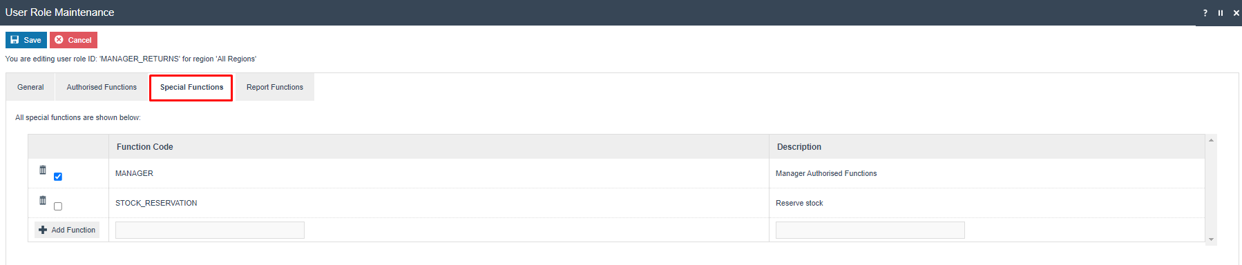 User Role Maintenance Special Functions tab showing MANAGER function code checked and STOCK_RESERVATION unchecked.