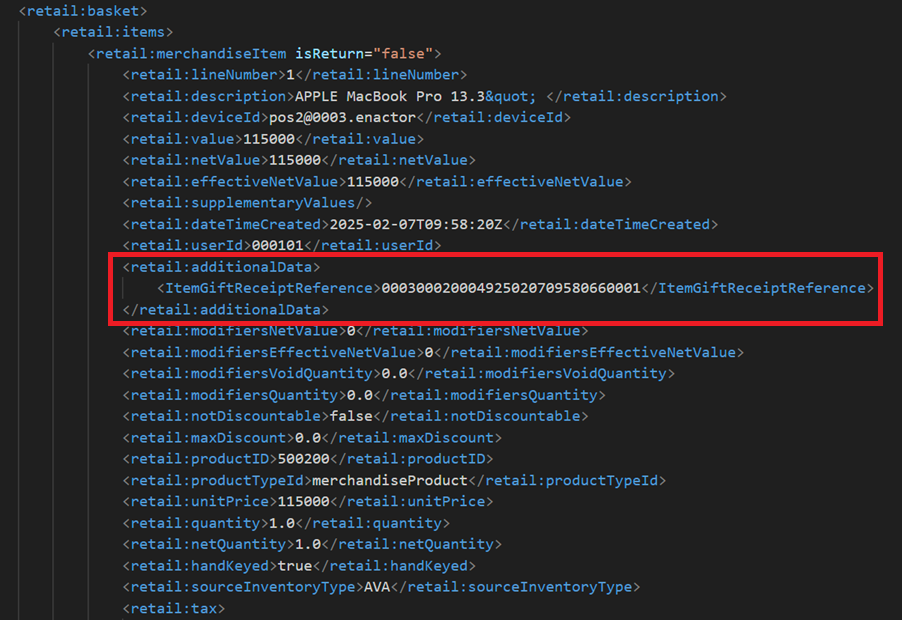 Transaction XML showing structure with a supplementaryReference element containing the gift receipt reference code