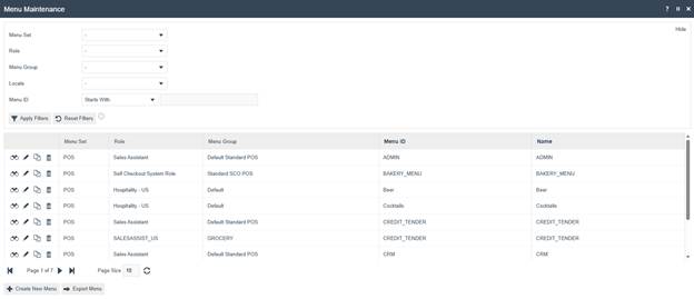 Menu Maintenance select page listing configured menus including CREDIT_TENDER and CRM for POS Sales Assistant. Filter fields are shown at the top.