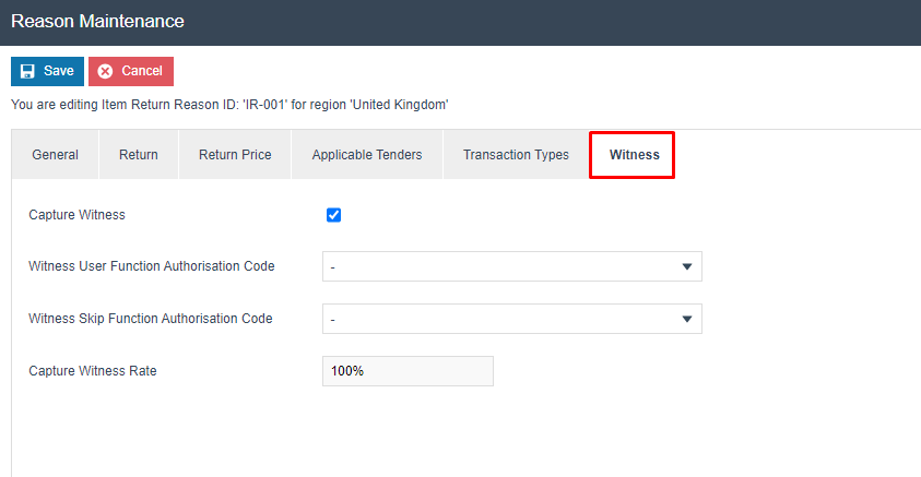 Reason Maintenance Witness tab for IR-001. Capture Witness is checked and Rate is set to 100%.